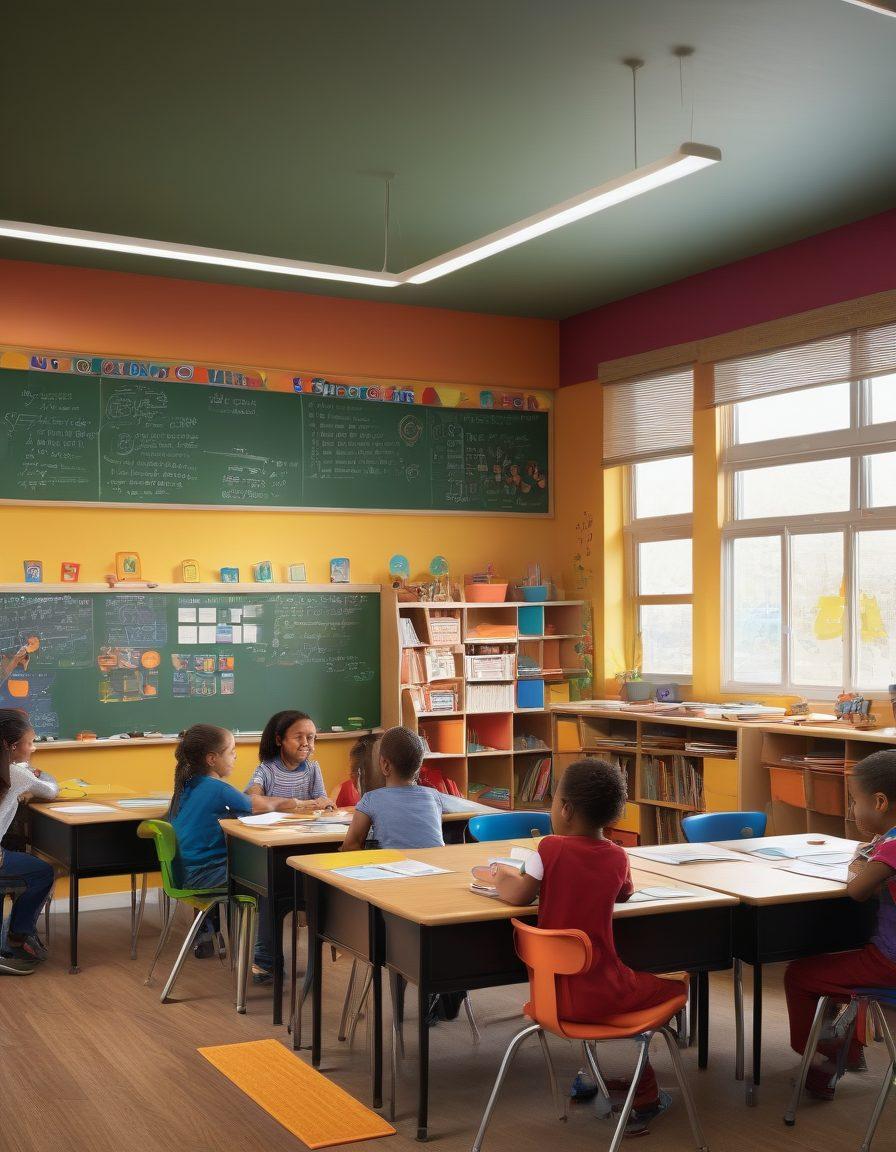 A classroom scene filled with engaged children and a teacher using interactive learning tools, with parents actively participating in the background, showcasing collaboration and communication. Incorporate elements like colorful educational materials, a chalkboard with vibrant diagrams, and a cozy atmosphere promoting learning and engagement. super-realistic. vibrant colors. warm lighting.