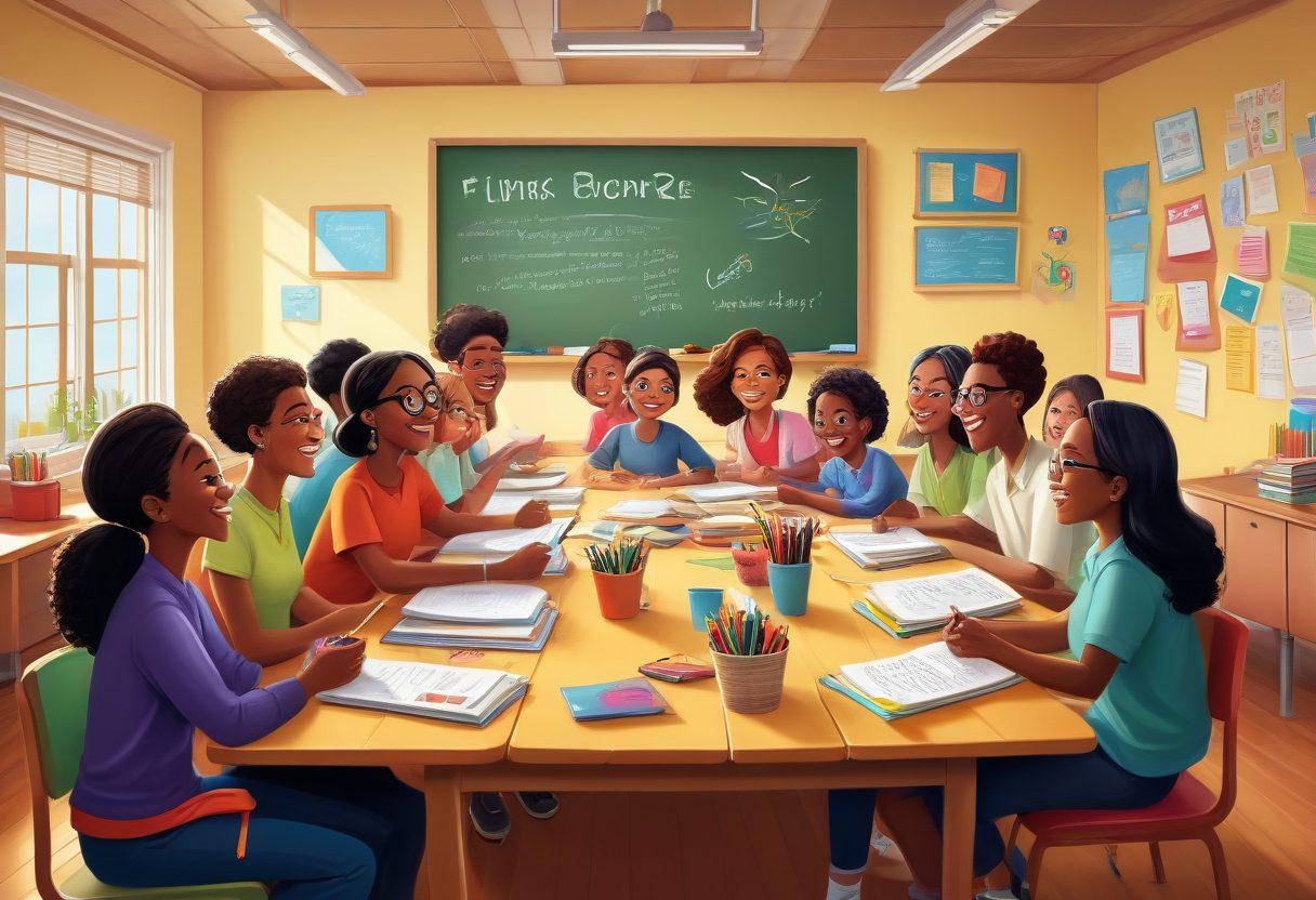 A diverse group of enthusiastic teachers collaborating around a large table filled with colorful teaching materials and resources. In the background, a chalkboard filled with creative teaching strategies and success stories. A cozy, inviting classroom atmosphere with inspiring quotes on the walls. Bright, warm lighting to evoke positivity and encouragement. cartoon style. vibrant colors. cozy design.