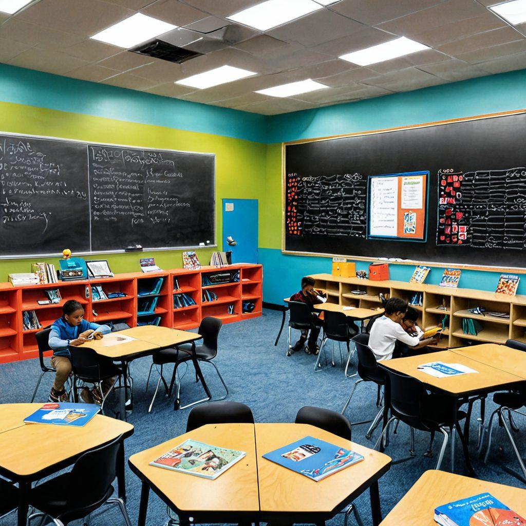 A vibrant classroom scene filled with diverse students engaged in collaborative learning using colorful educational materials, books, and technology. Include a chalkboard displaying innovative teaching ideas and a resource corner showcasing various curriculum development tools. The atmosphere is lively and inspiring, with natural light illuminating the room. super-realistic. vibrant colors. educational theme.